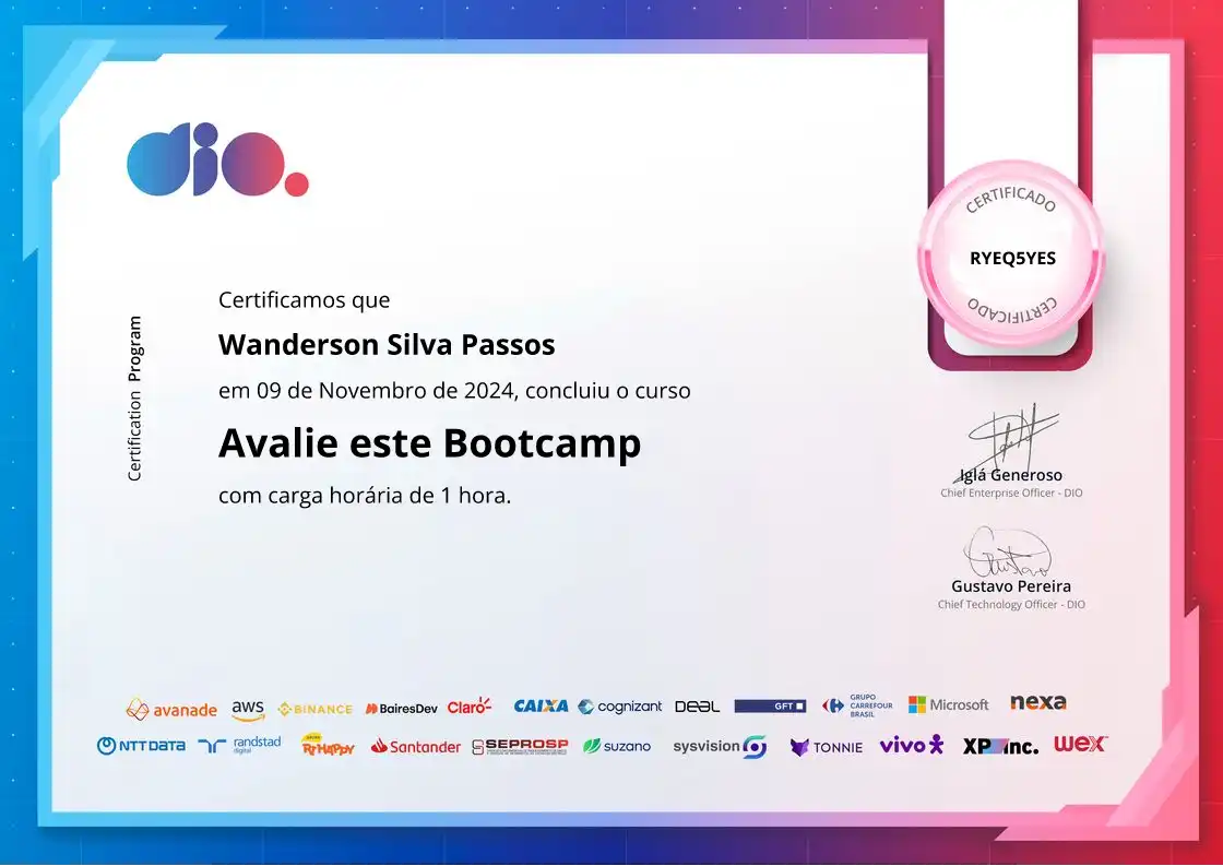 certificate of Avalie este Bootcamp