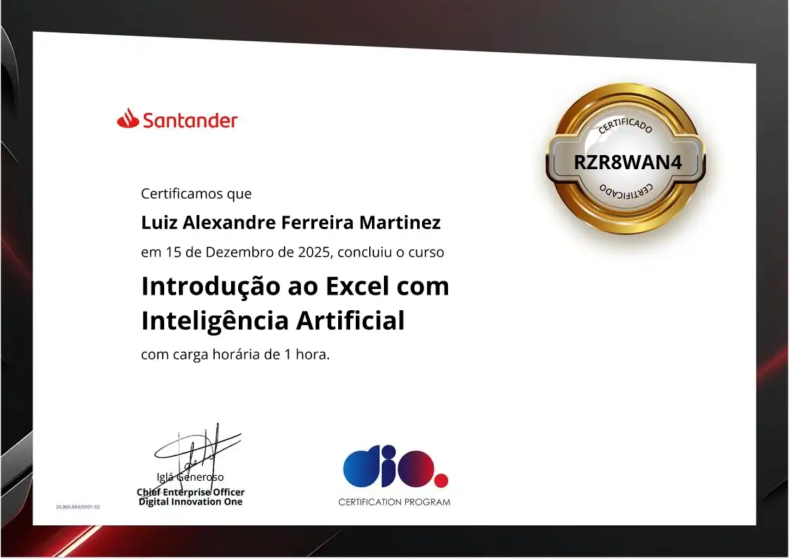 certificate of Introdução ao Excel com Inteligência Artificial