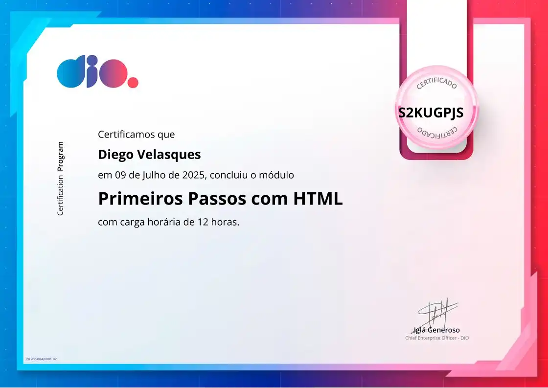 certificate of Primeiros Passos com HTML