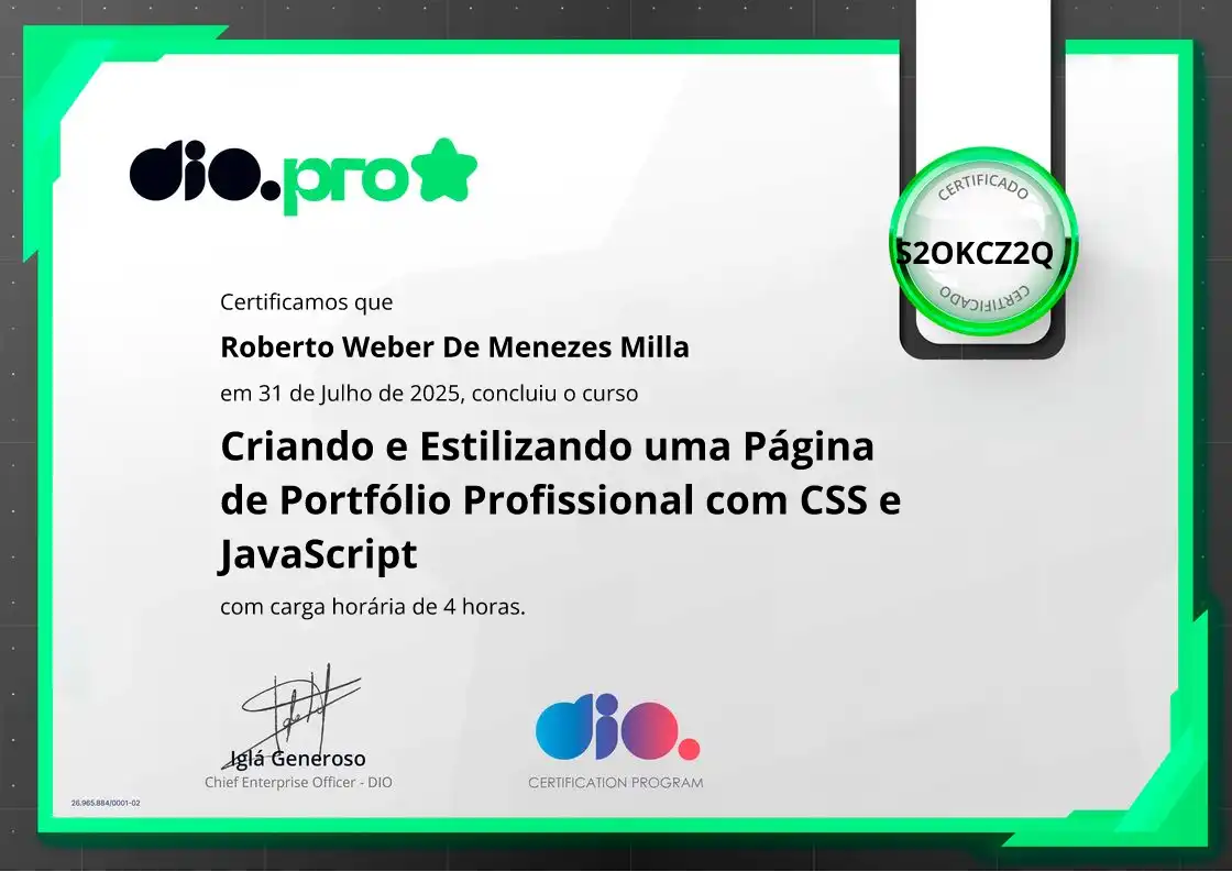 certificate of Criando e Estilizando uma Página de Portfólio Profissional com CSS e JavaScript