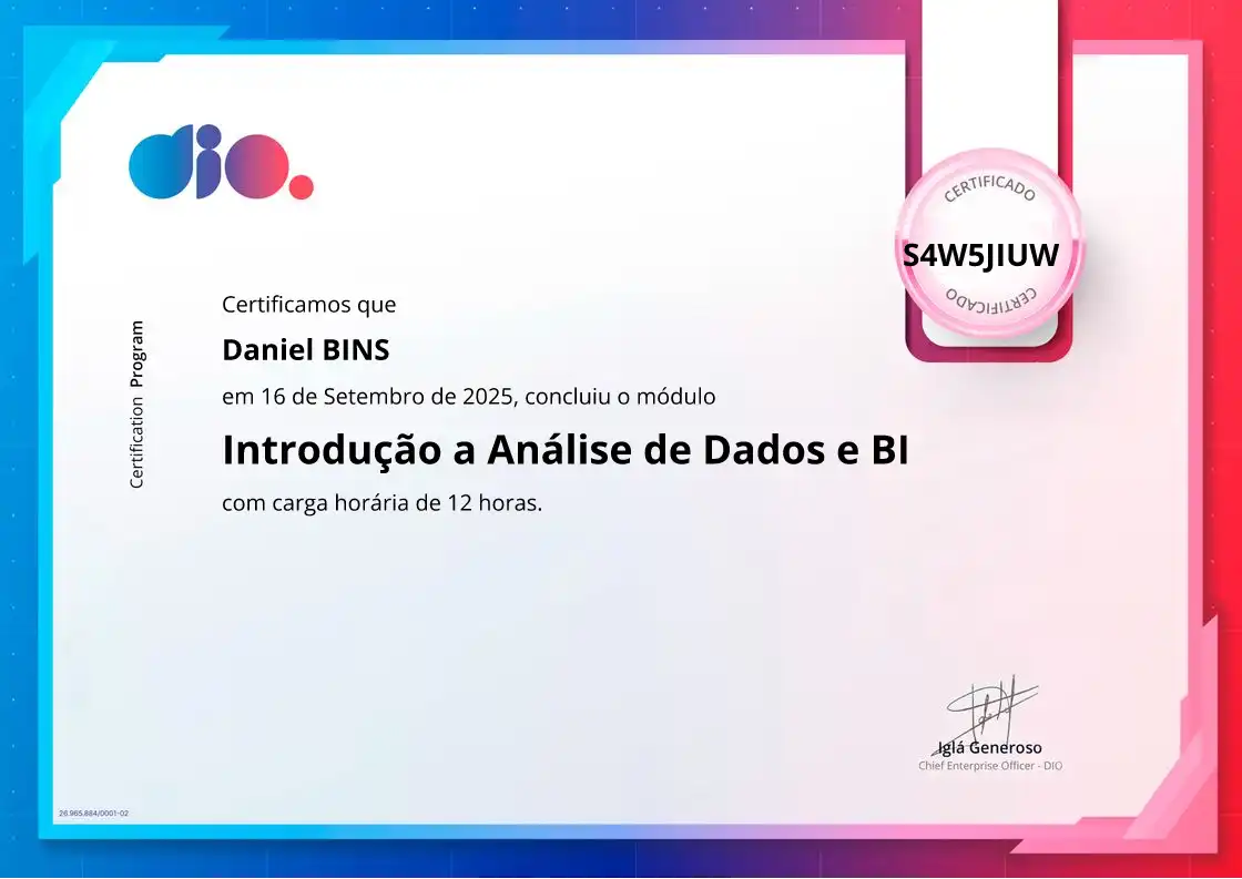 certificate of Introdução a Análise de Dados e BI