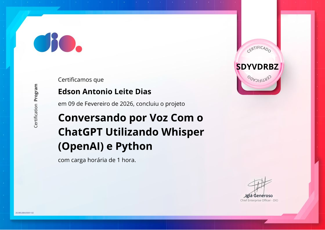 certificate of Conversando por Voz Com o ChatGPT Utilizando Whisper (OpenAI) e Python
