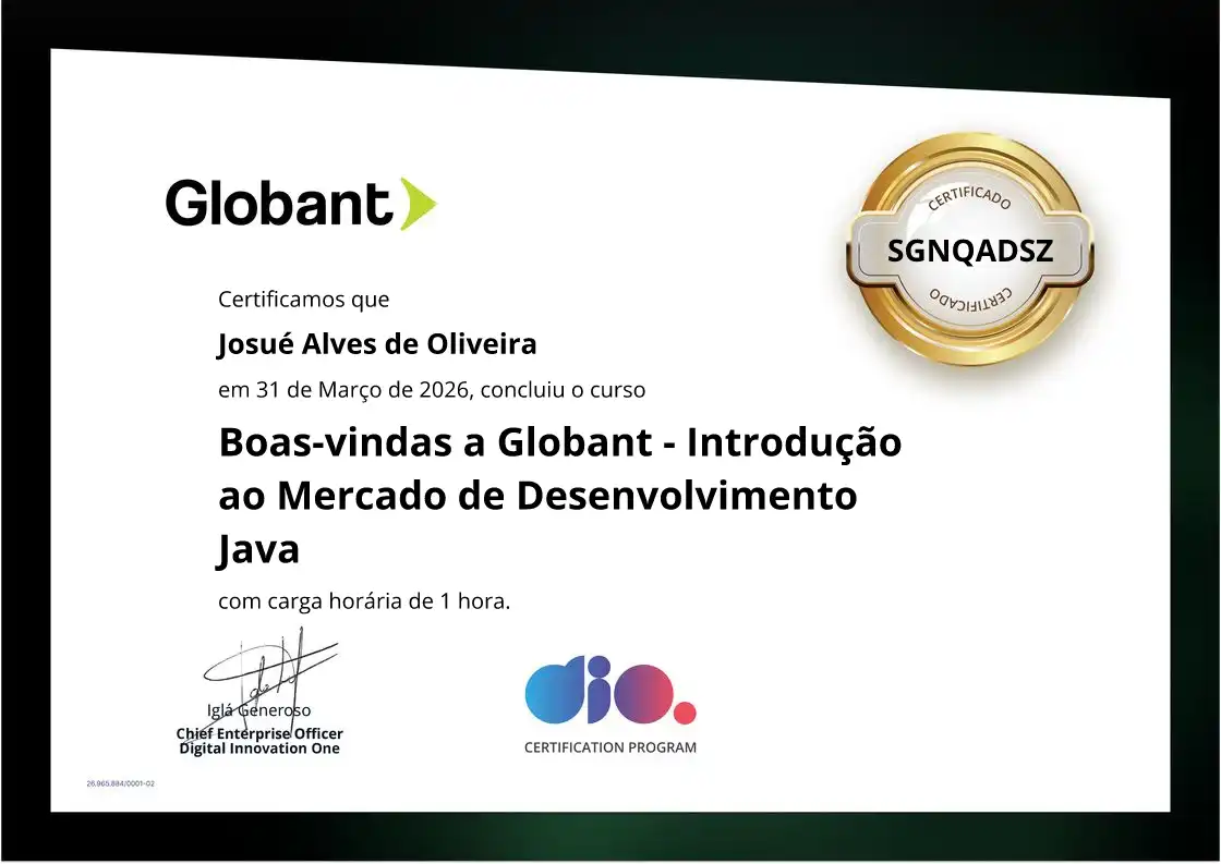 certificate of Boas-vindas a Globant - Introdução ao Mercado de Desenvolvimento Java