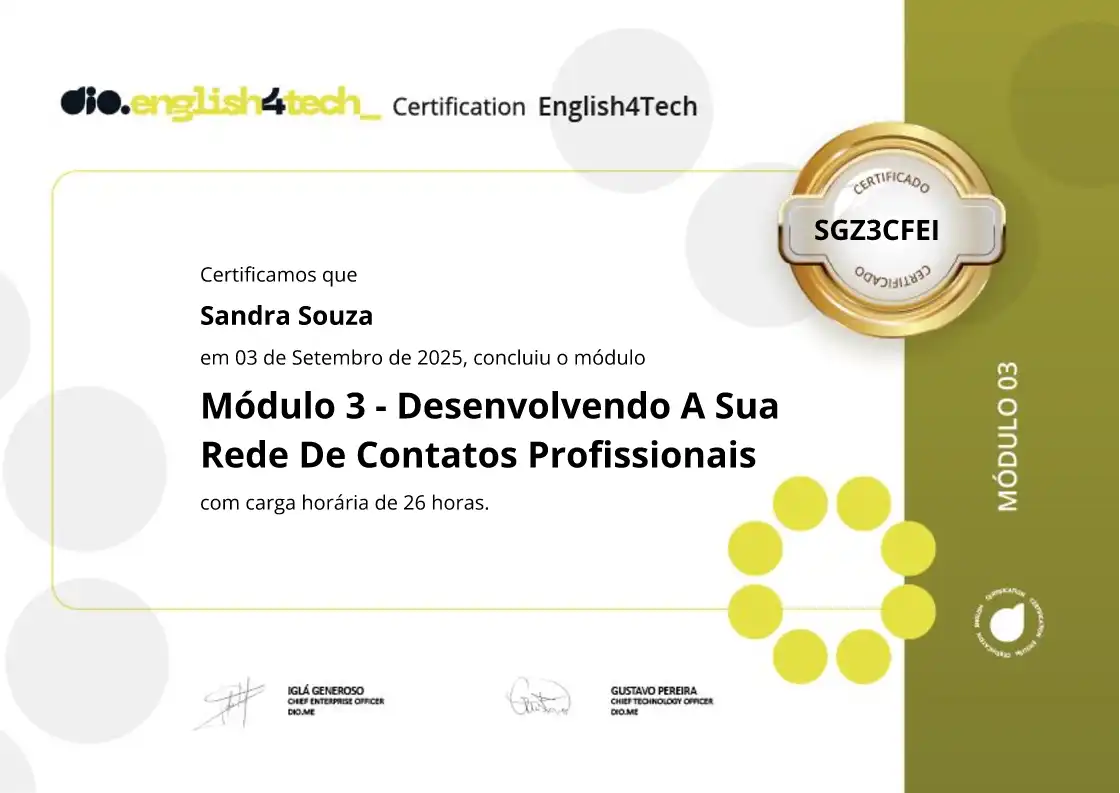 certificate of Módulo 3 - Desenvolvendo A Sua Rede De Contatos Profissionais
