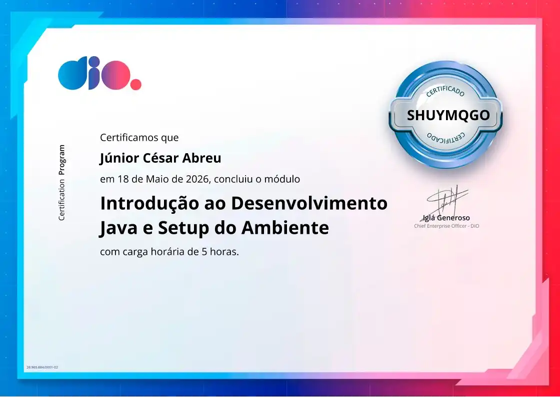 certificate of Introdução ao Desenvolvimento Java e Setup do Ambiente