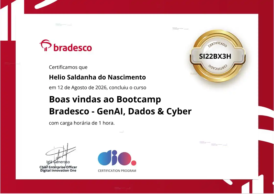 certificate of Boas vindas ao Bootcamp Bradesco - GenAI, Dados & Cyber