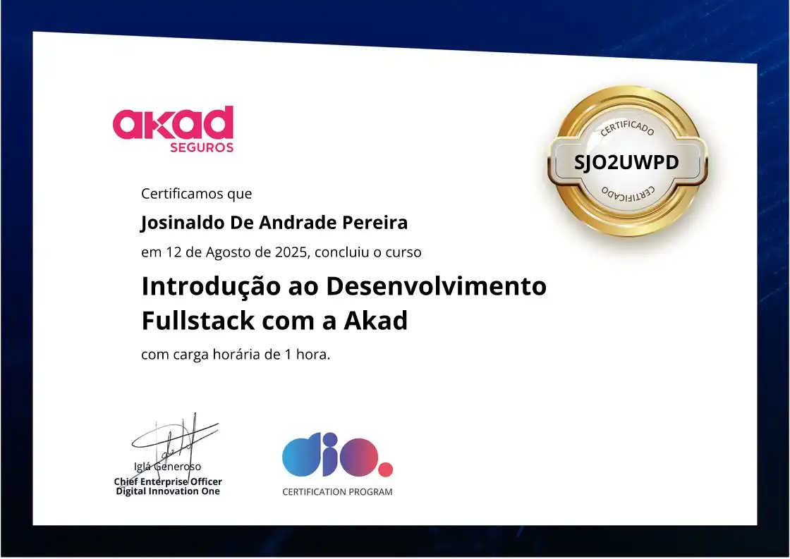 certificate of Introdução ao Desenvolvimento Fullstack com a Akad