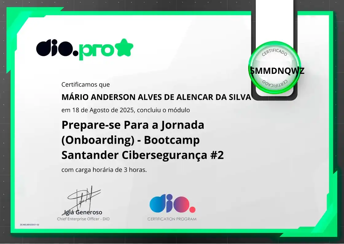certificate of Prepare-se Para a Jornada (Onboarding) - Bootcamp Santander Cibersegurança #2