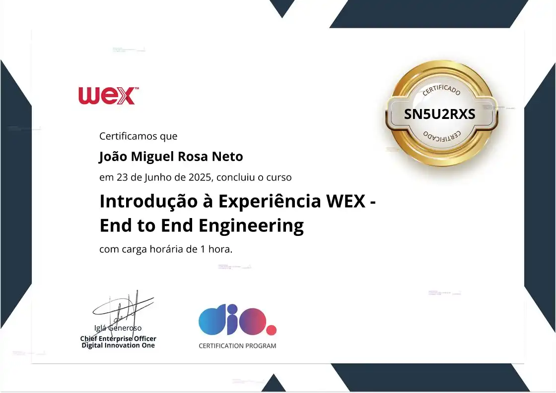 certificate of Introdução à Experiência WEX - End to End Engineering