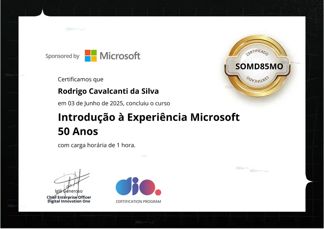 certificate of Introdução à Experiência Microsoft 50 Anos