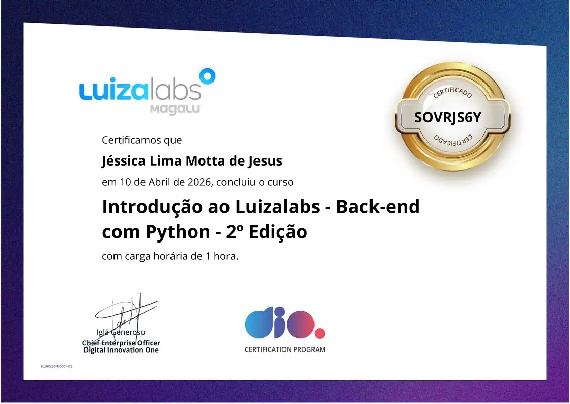 certificate of Introdução ao Luizalabs - Back-end com Python - 2º Edição