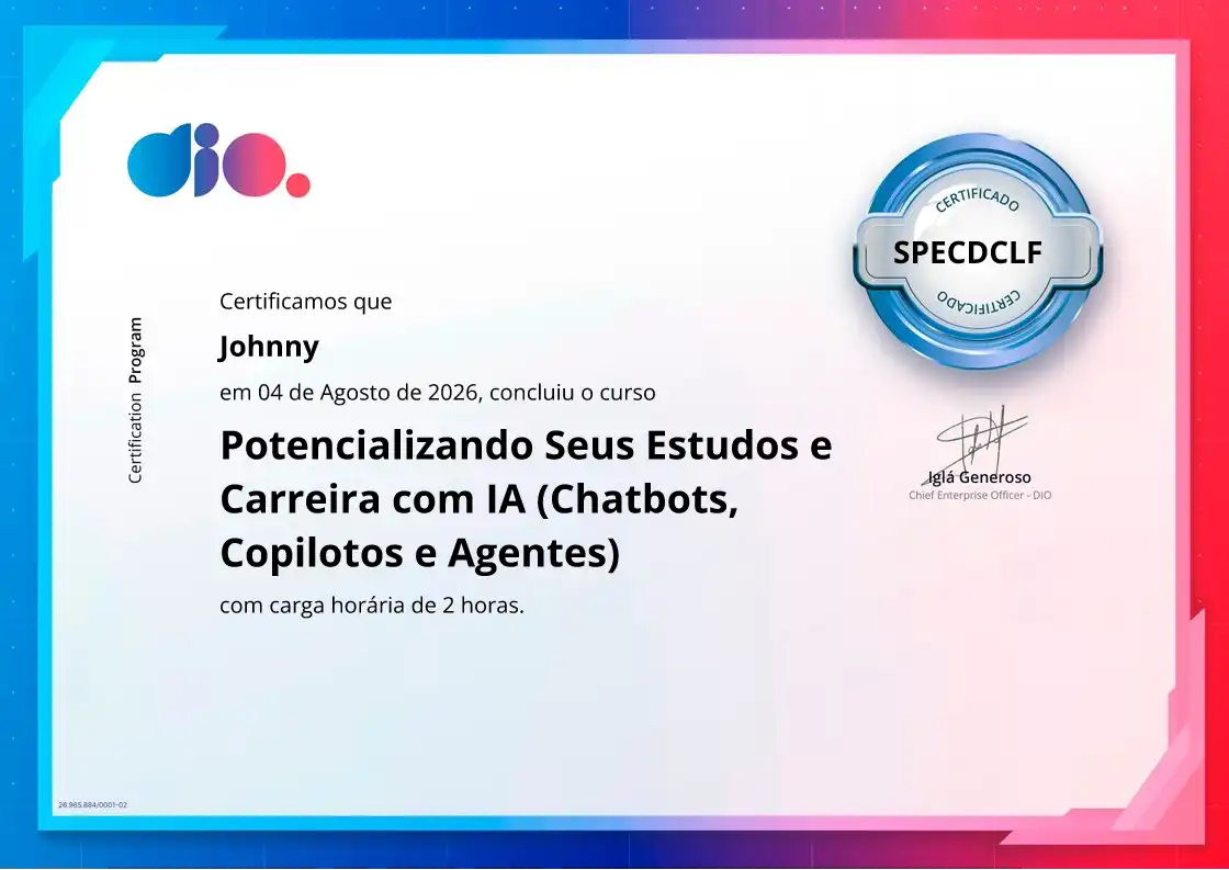 certificate of Potencializando Seus Estudos e Carreira com IA (Chatbots, Copilotos e Agentes)