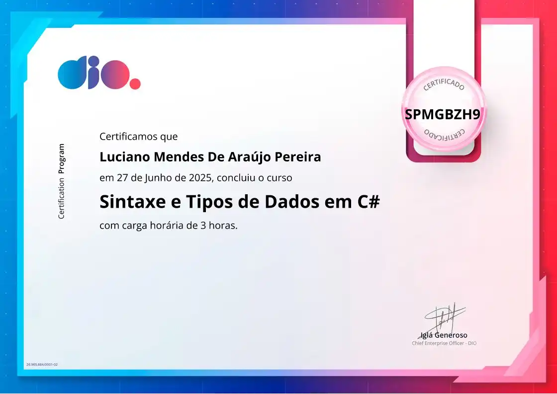 certificate of Sintaxe e Tipos de Dados em C#