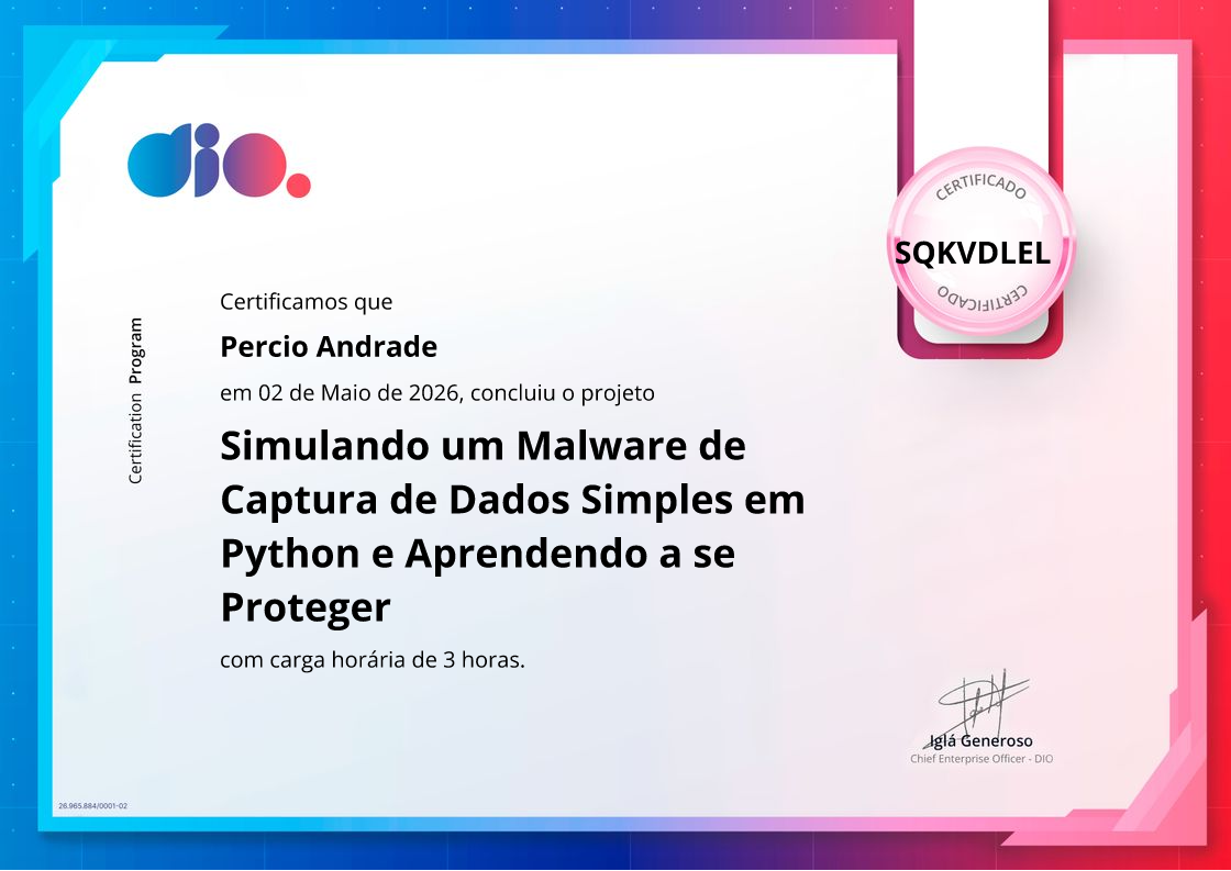 certificate of Simulando um Malware de Captura de Dados Simples em Python e Aprendendo a se Proteger