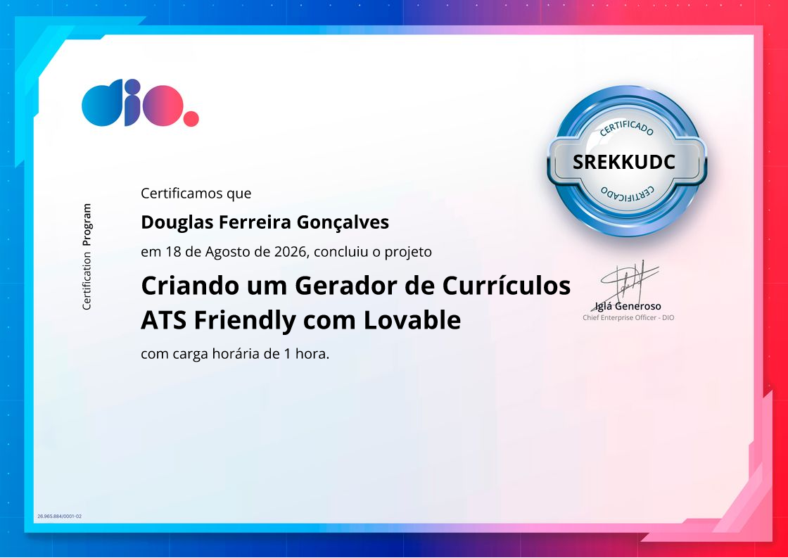 certificate of Criando um Gerador de Currículos ATS Friendly com Lovable