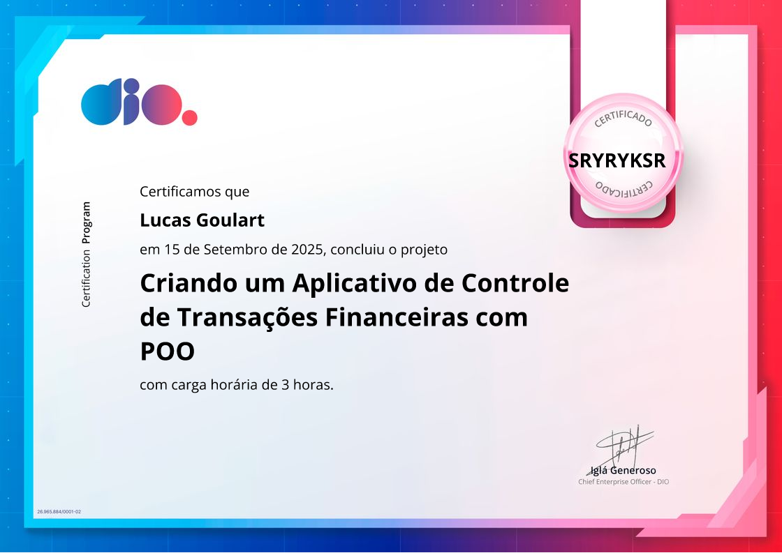 certificate of Criando um Aplicativo de Controle de Transações Financeiras com POO
