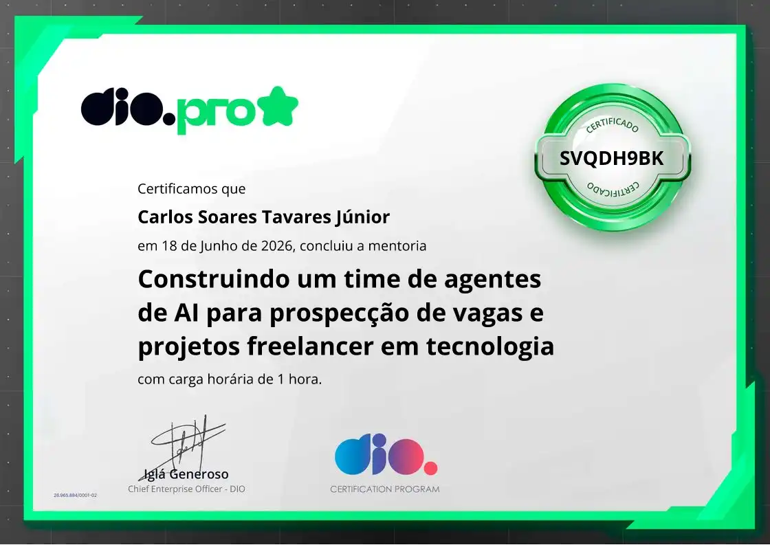 certificate of Construindo um time de agentes de AI para prospecção de vagas e projetos freelancer em tecnologia