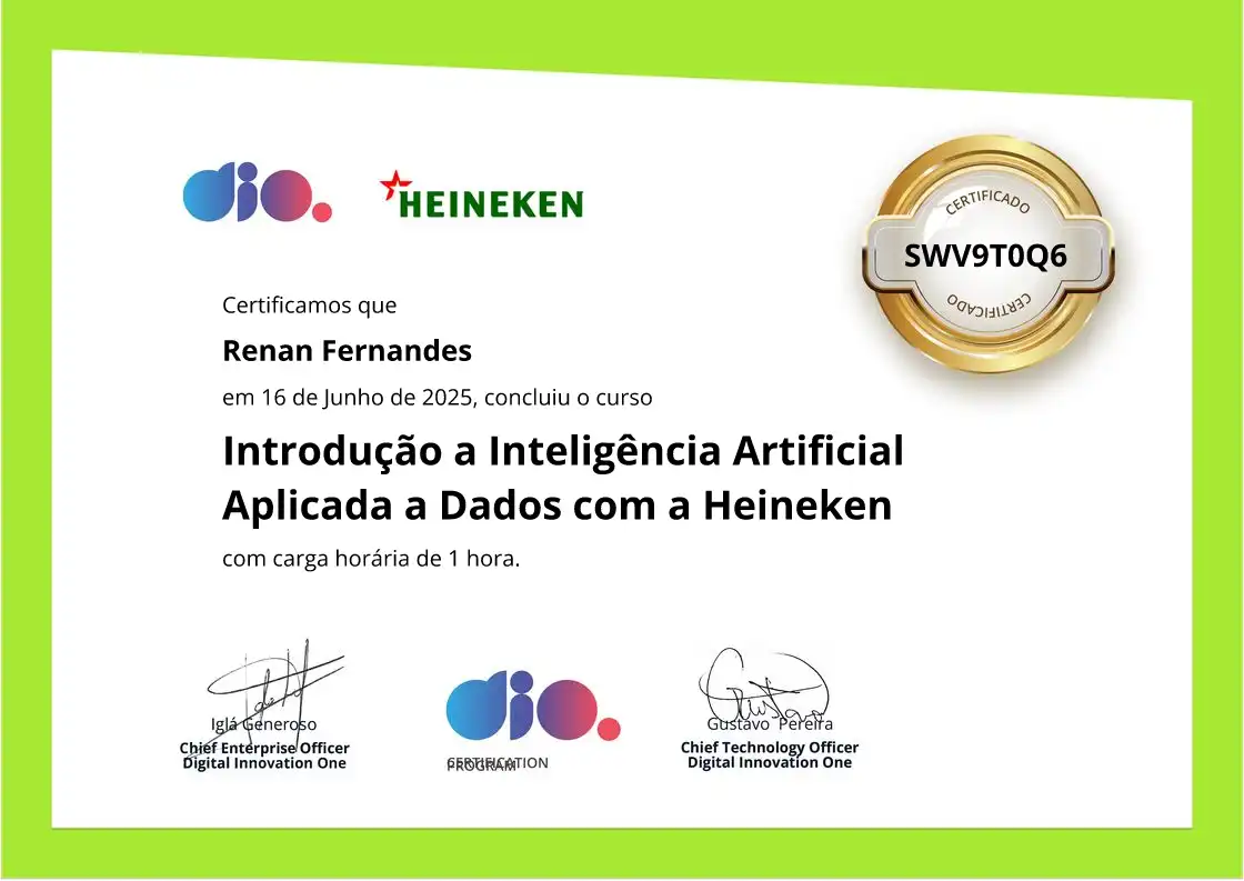 certificate of Introdução a Inteligência Artificial Aplicada a Dados com a Heineken