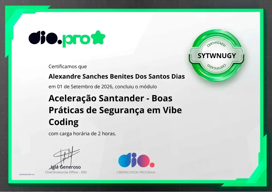 certificate of Aceleração Santander - Boas Práticas de Segurança em Vibe Coding