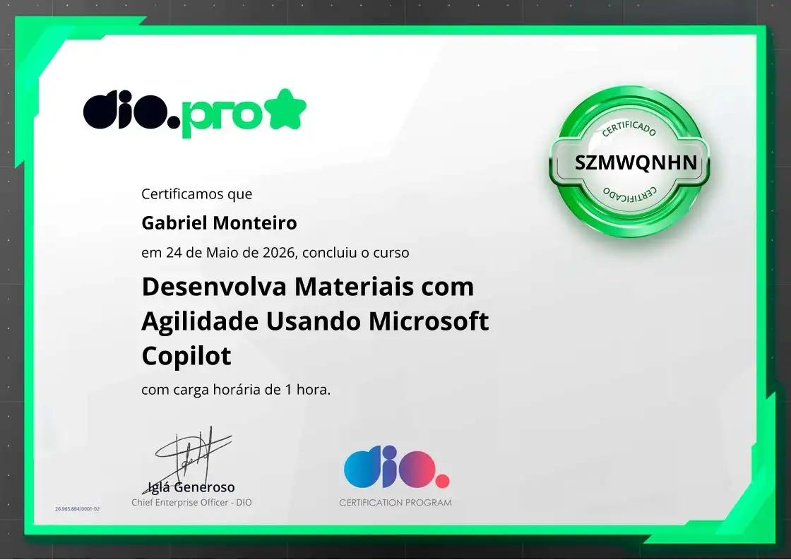 certificate of Desenvolva Materiais com Agilidade Usando Microsoft Copilot