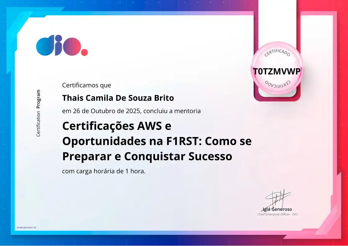 certificate of Certificações AWS e Oportunidades na F1RST: Como se Preparar e Conquistar Sucesso