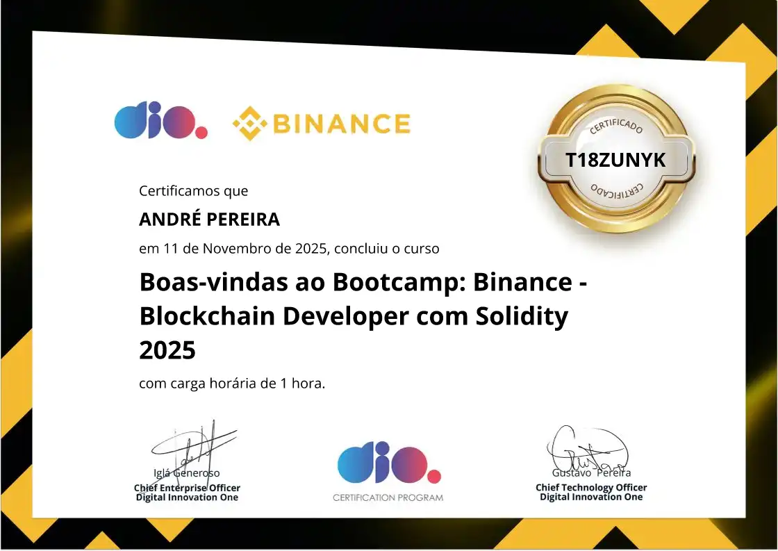 certificate of Boas-vindas ao Bootcamp: Binance - Blockchain Developer com Solidity 2025