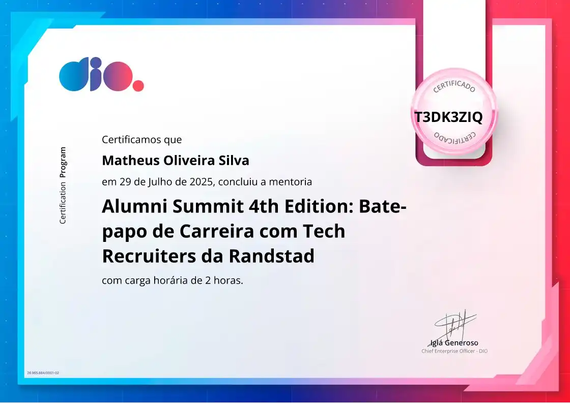 certificate of Alumni Summit 4th Edition: Bate-papo de Carreira com Tech Recruiters da Randstad
