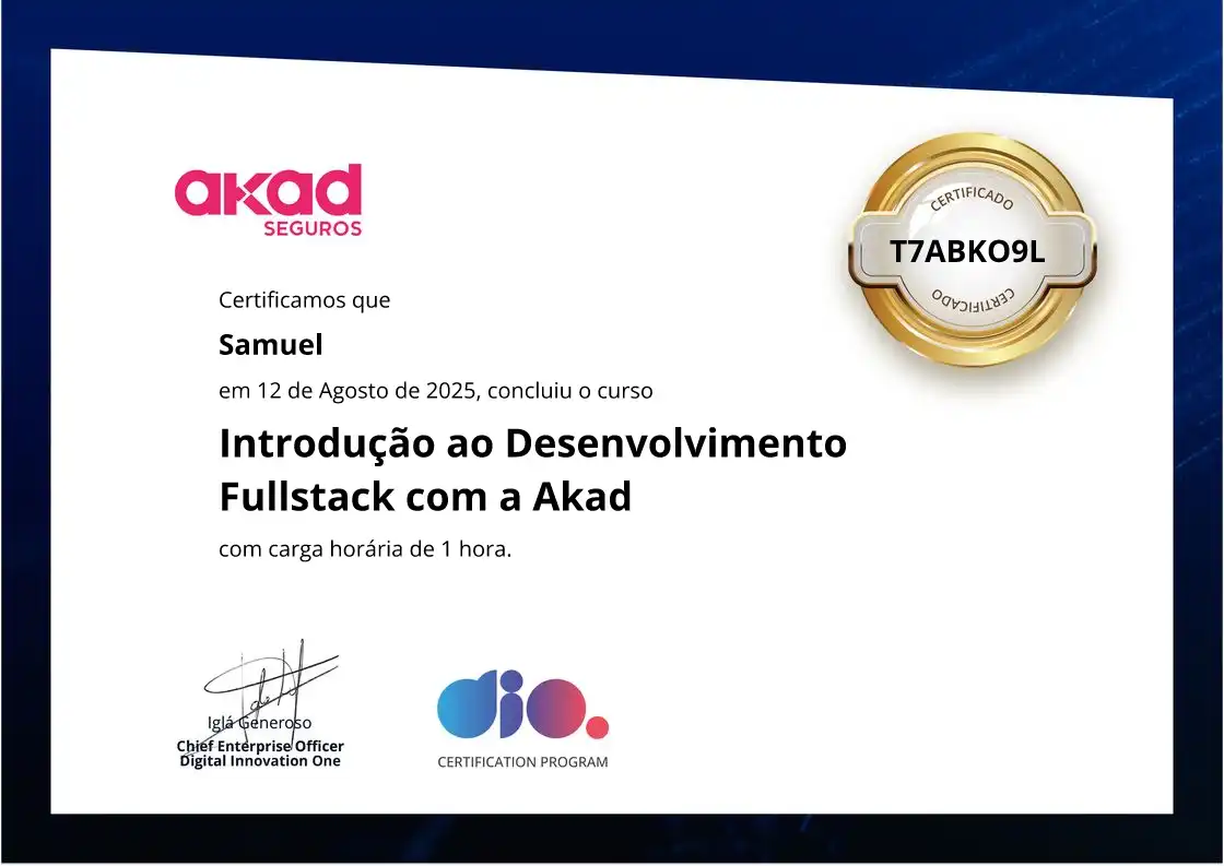 certificate of Introdução ao Desenvolvimento Fullstack com a Akad