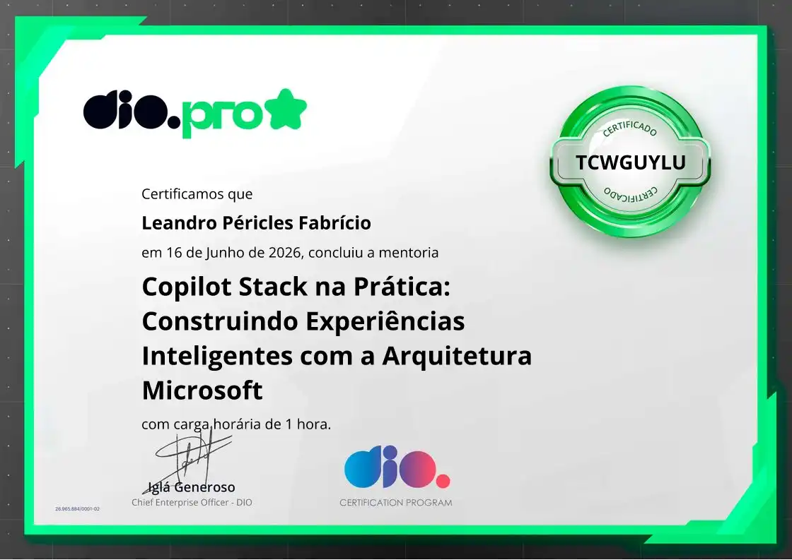 certificate of Copilot Stack na Prática: Construindo Experiências Inteligentes com a Arquitetura Microsoft