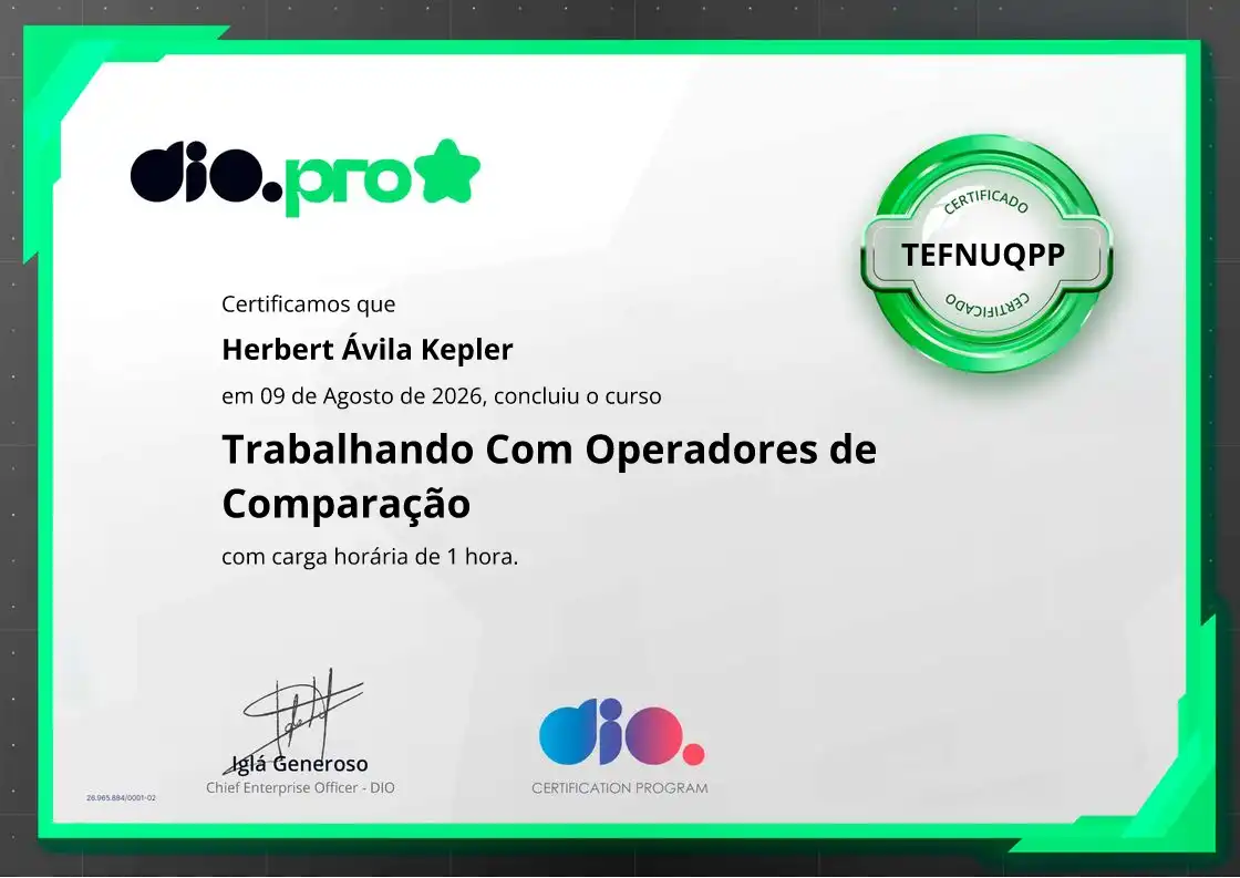 certificate of Trabalhando Com Operadores de Comparação