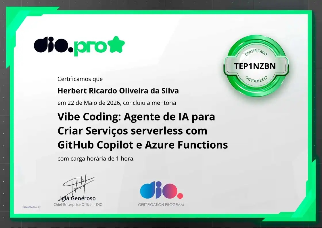 certificate of Vibe Coding: Agente de IA para Criar Serviços serverless com GitHub Copilot e Azure Functions
