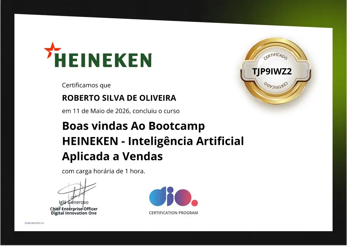 certificate of Boas vindas Ao Bootcamp HEINEKEN - Inteligência Artificial Aplicada a Vendas