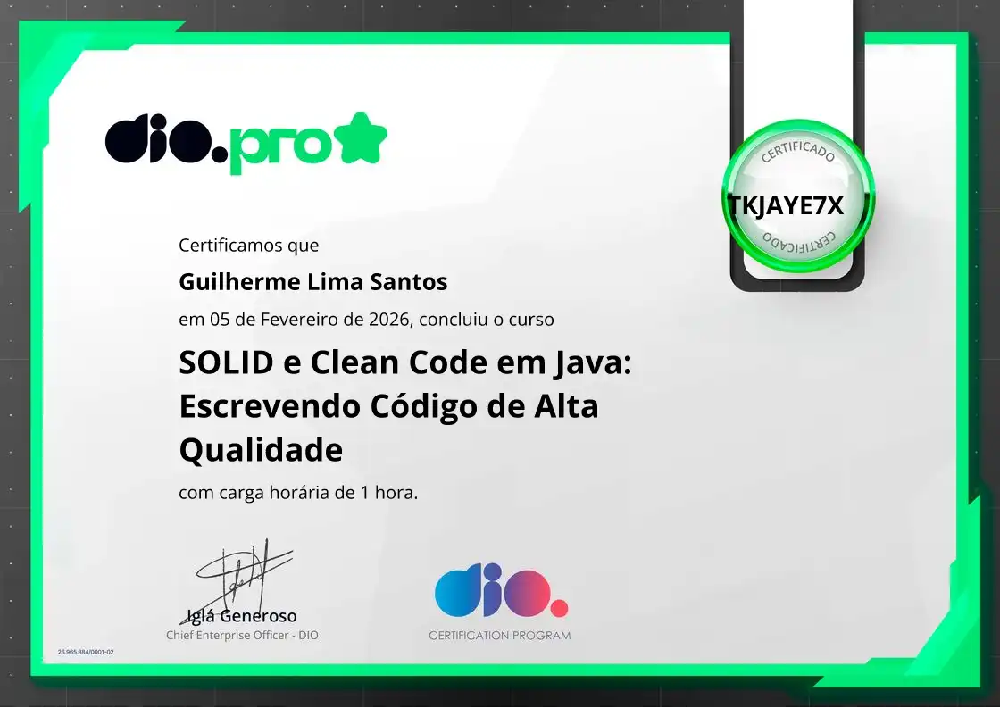 certificate of SOLID e Clean Code em Java: Escrevendo Código de Alta Qualidade