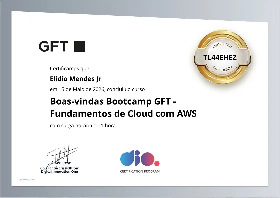 certificate of Boas-vindas Bootcamp GFT - Fundamentos de Cloud com AWS