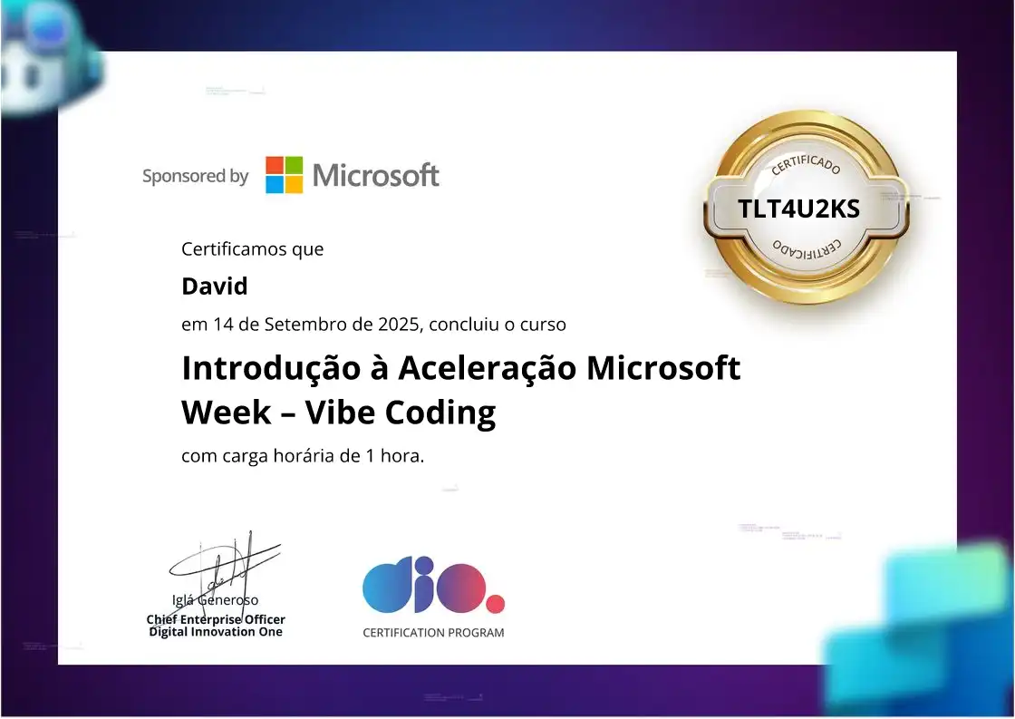 certificate of Introdução à Aceleração Microsoft Week – Vibe Coding