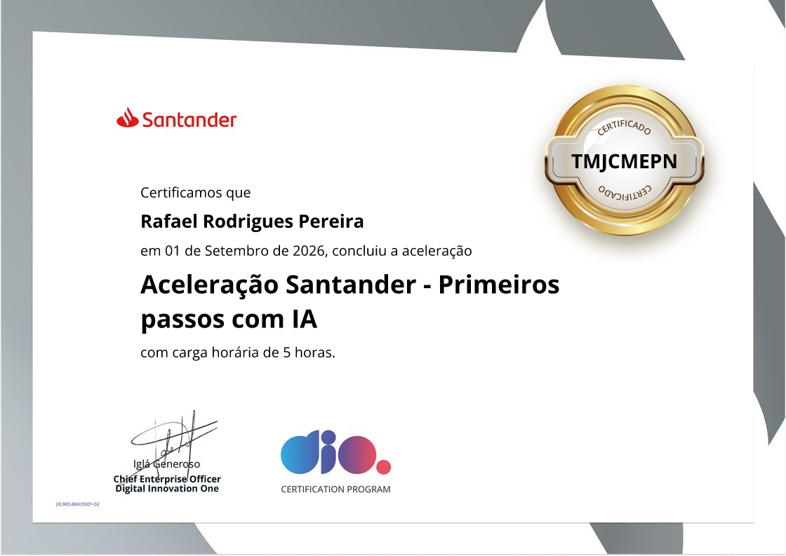 certificate of Aceleração Santander - Primeiros passos com IA