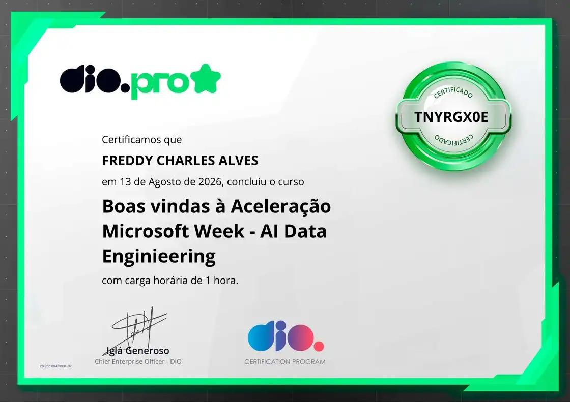 certificate of Boas vindas à Aceleração Microsoft Week - AI Data Enginieering