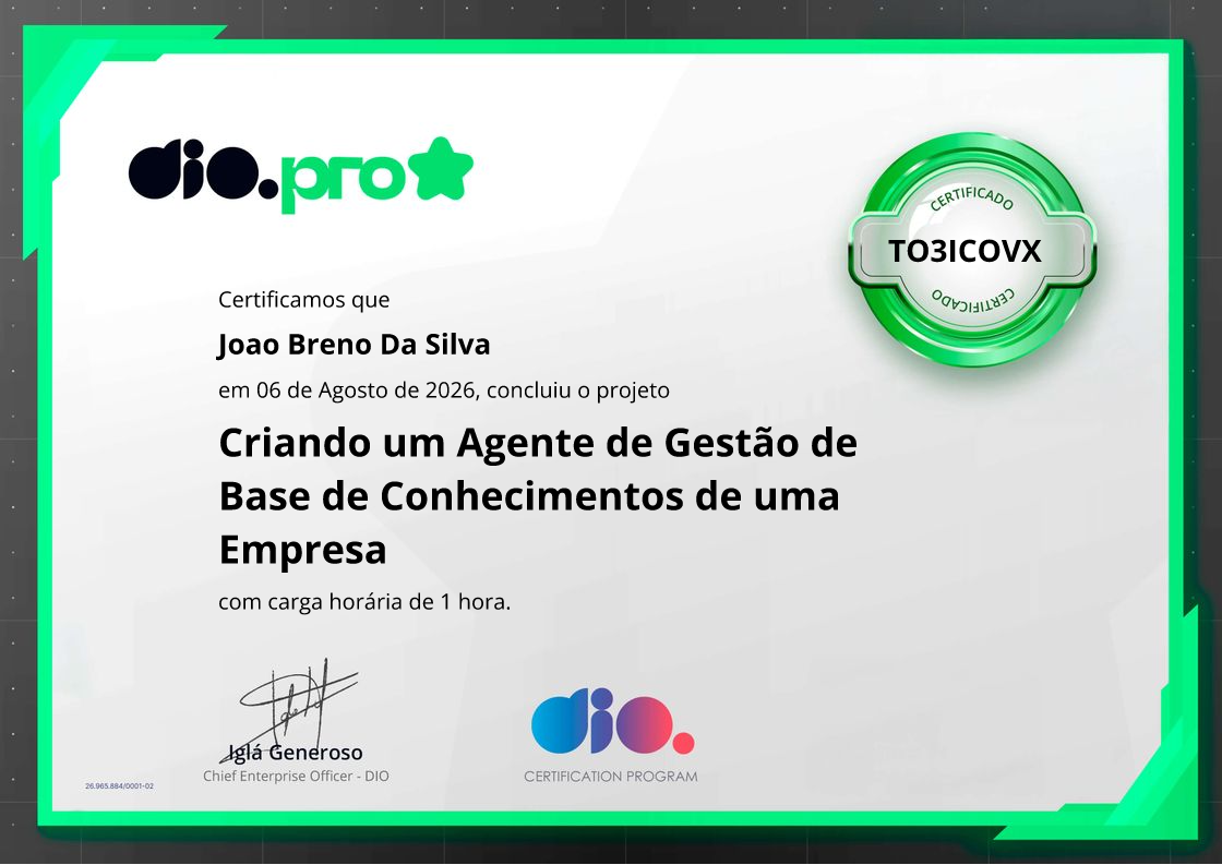 certificate of Criando um Agente de Gestão de Base de Conhecimentos de uma Empresa