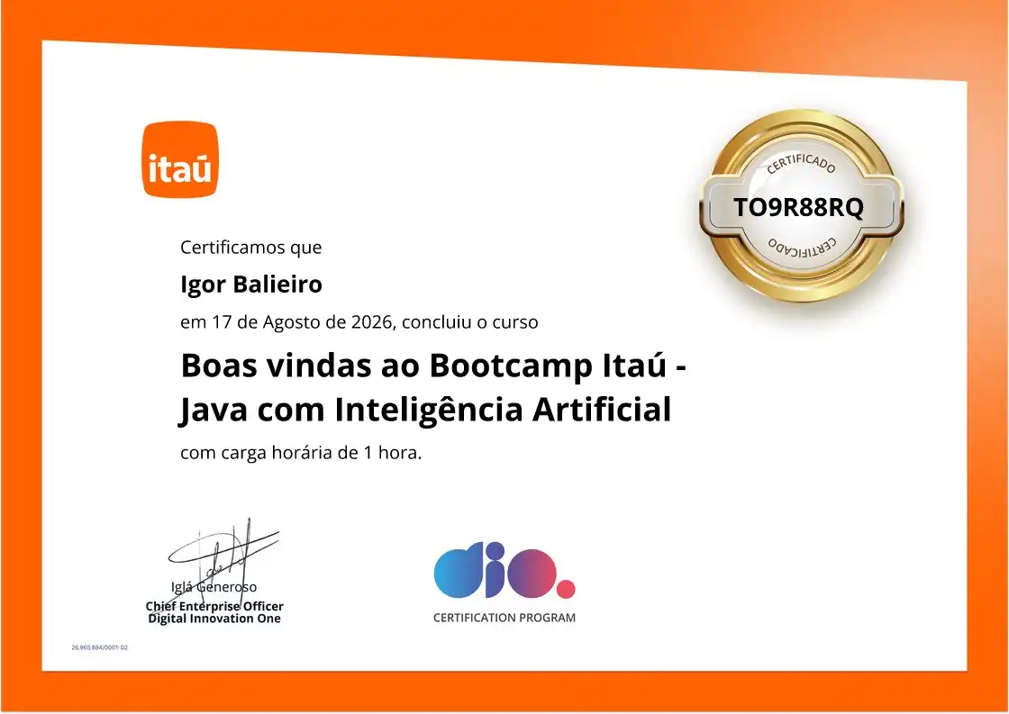 certificate of Boas vindas ao Bootcamp Itaú - Java com Inteligência Artificial