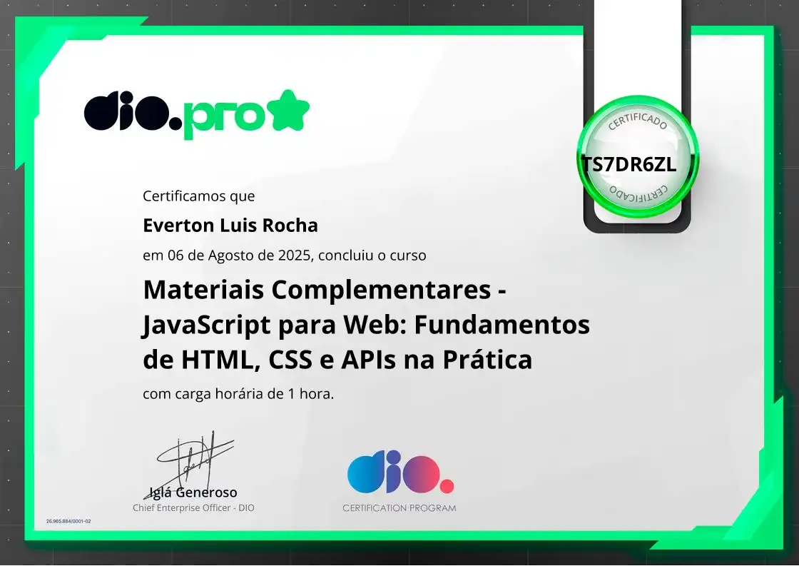 certificate of Materiais Complementares - JavaScript para Web: Fundamentos de HTML, CSS e APIs na Prática