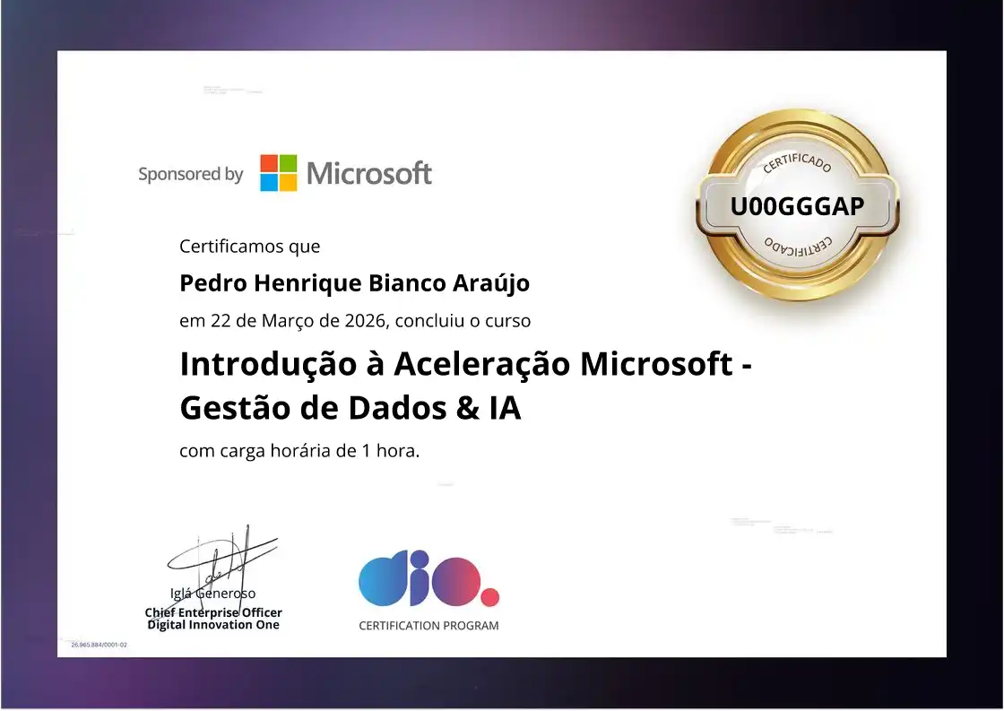 certificate of Introdução à Aceleração Microsoft - Gestão de Dados & IA