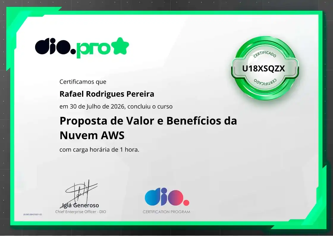 certificate of Proposta de Valor e Benefícios da Nuvem AWS