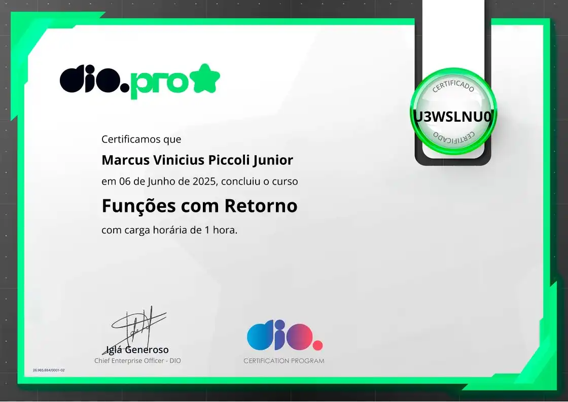 certificate of Funções com Retorno
