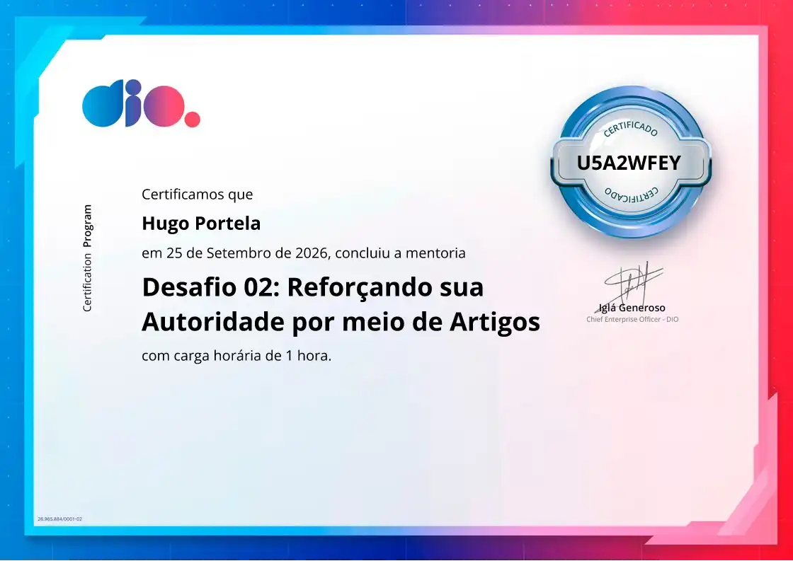 certificate of Desafio 02: Reforçando sua Autoridade por meio de Artigos