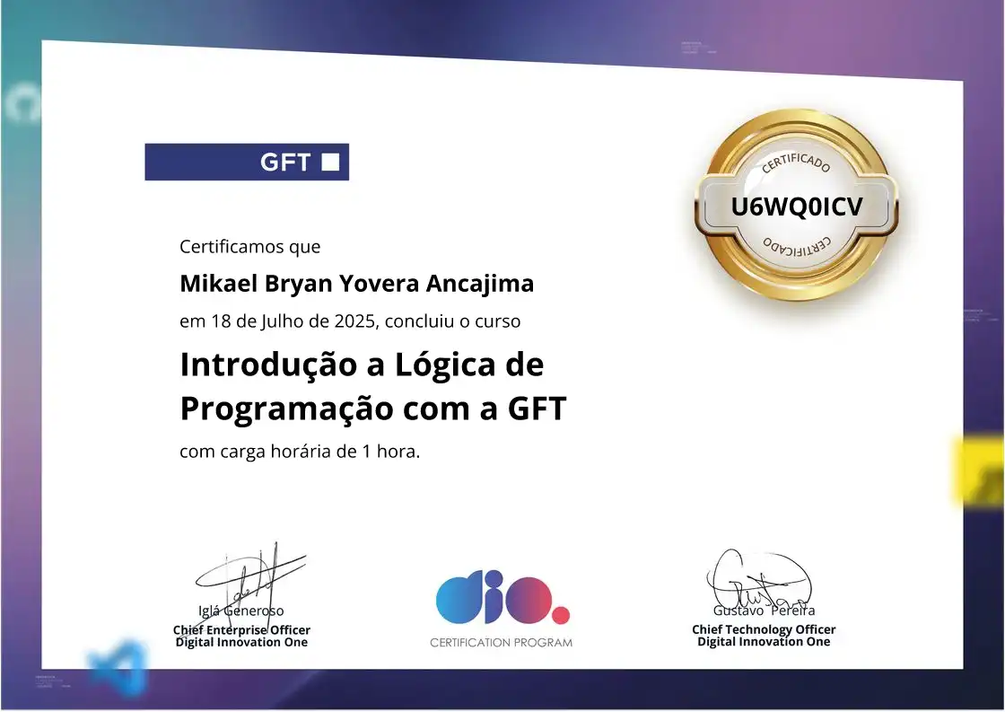 certificate of Introdução a Lógica de Programação com a GFT