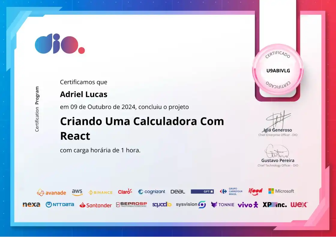 certificate of Criando Uma Calculadora Com React