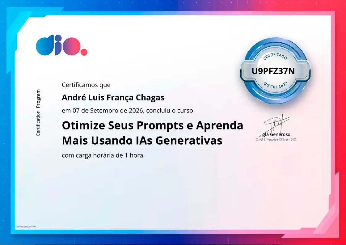 certificate of Otimize Seus Prompts e Aprenda Mais Usando IAs Generativas