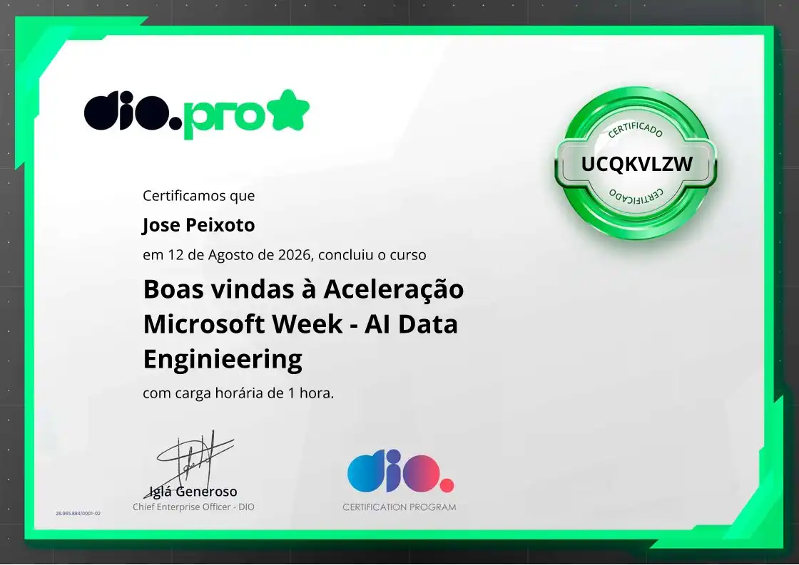 certificate of Boas vindas à Aceleração Microsoft Week - AI Data Enginieering