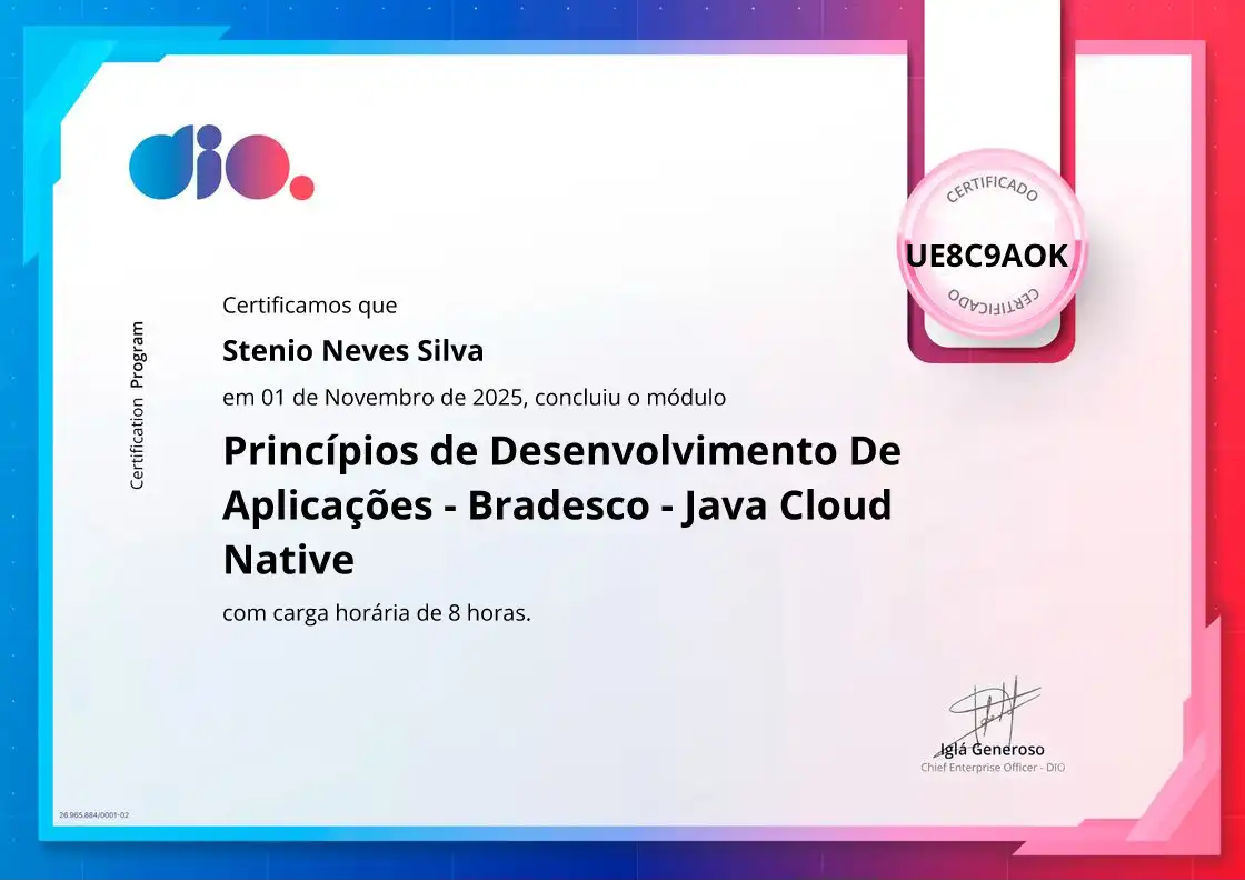 certificate of Princípios de Desenvolvimento De Aplicações - Bradesco - Java Cloud Native