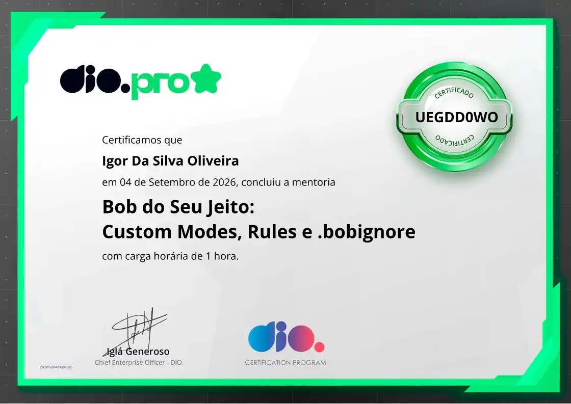 certificate of Bob do Seu Jeito: Custom Modes, Rules e .bobignore